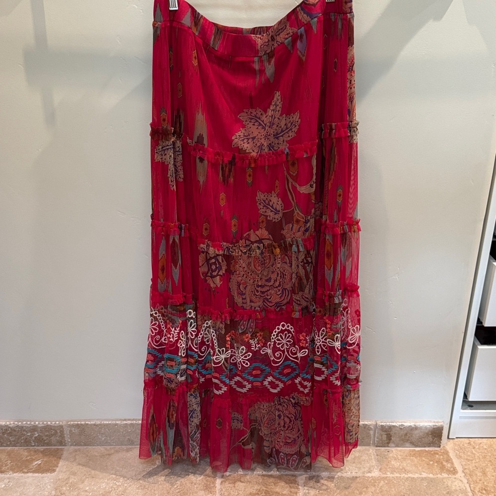 Johnny Was Biya Large Vibrant Red Mesh Maxi Skirt with Blue Floral Accents